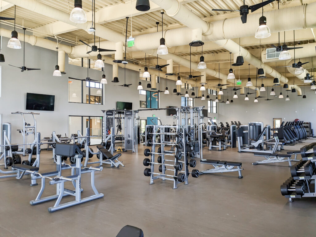 Image of Leonard & Marjorie Williams Family YMCA wellness floor that is lit brightly and full of new exercise equipment