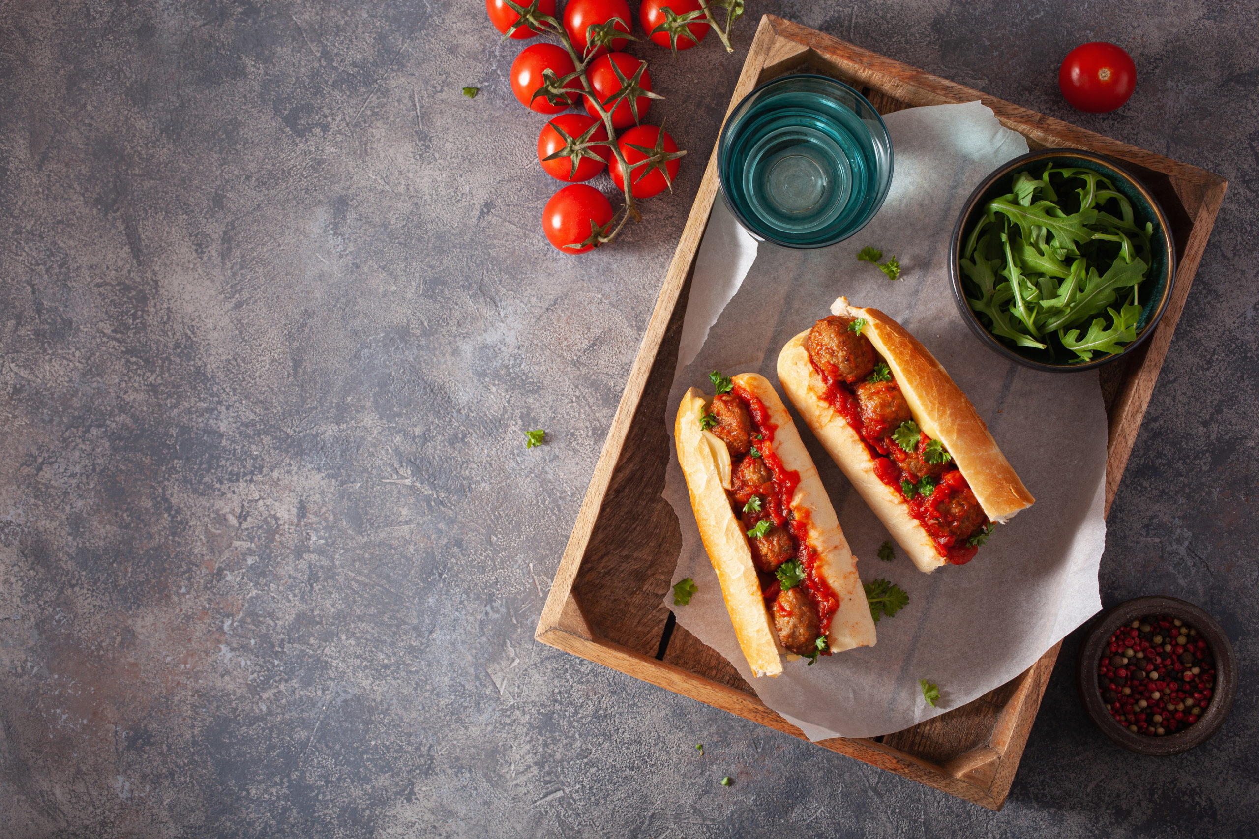 Meatball subs on a tray