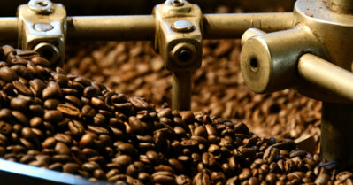 Coffee beans roasting at a coffee roaster in California