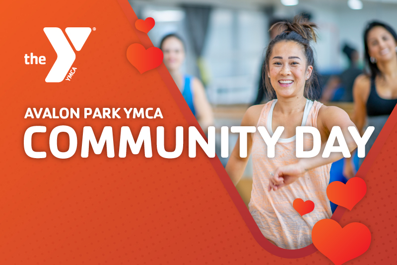 Event Image that says Avalon Park YMCA Community Day with a photo of a young woman dancing in a Zumba class surrounded by red hearts