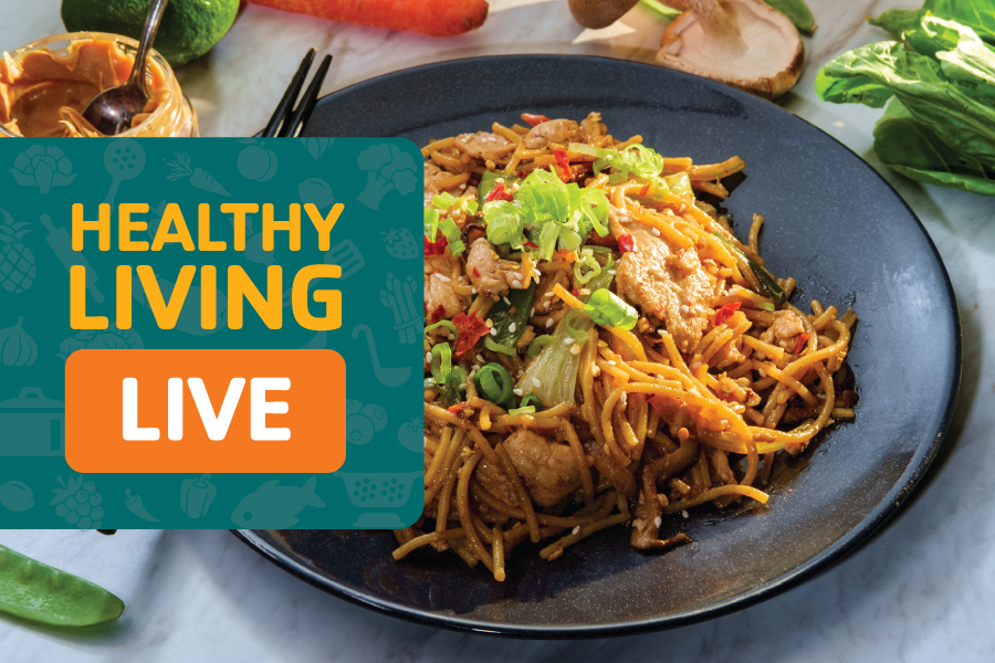 Image of Thai peanut noodles with vegetables and chicken with the words Healthy Living Live