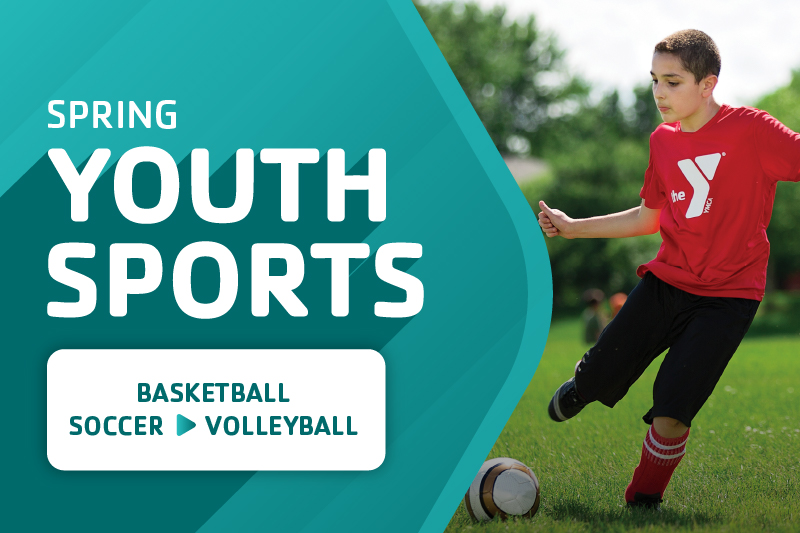 An image of a young boy kicking a soccer ball in a red YMCA t-shirt with the words Spring Youth Sports Basketball Soccer Volleyball