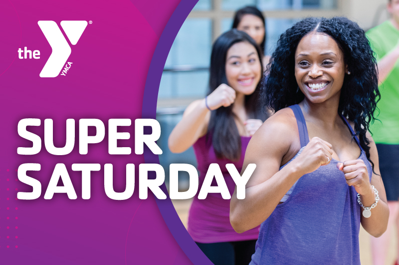 Womankickboxing in a group exercise class with the title Super Saturday on top, Group Exercise Event, Saturday, April 2, 2022