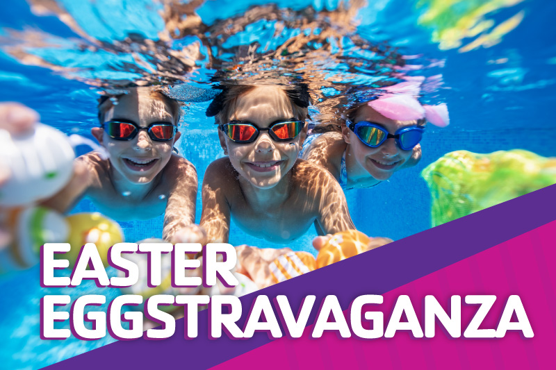 Kids swimming in the pool with Easter Eggs with the words Easter Eggstravaganza
