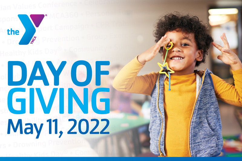 Image with the purple and blue YMCA logo with the words Day of Giving May 11, 2022 next to a child who is playing in a child development center