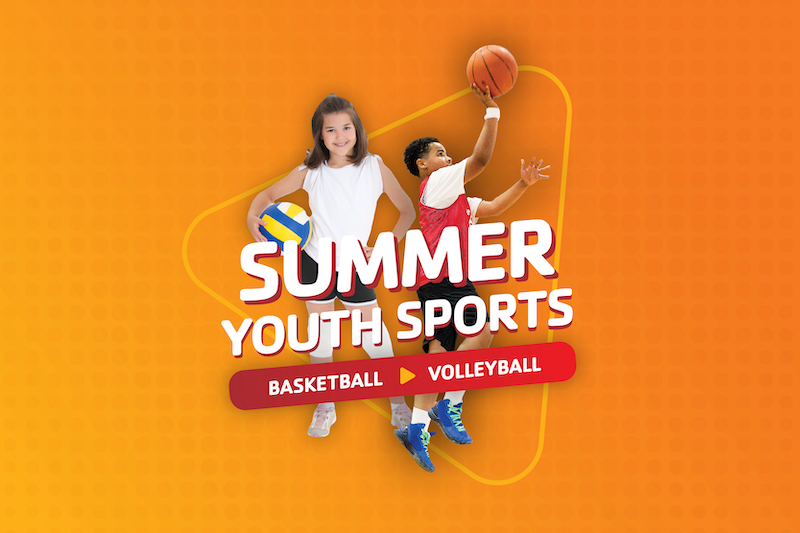 Image of young girl holding volleyball and boy shooting basketball with words Summer Youth Sports