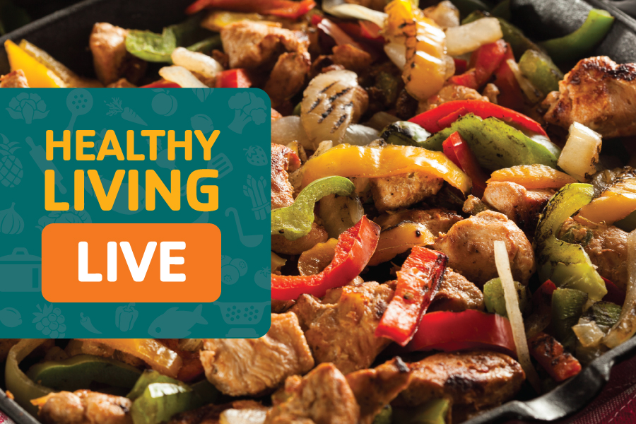 Photo of sheet pan chicken fajitas with veggies with the words Healthy Living Live in a green box