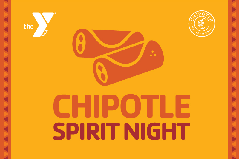 Chipotle Spirit Night image with two burrito icons and the YMCA logo and the Chipotle logo