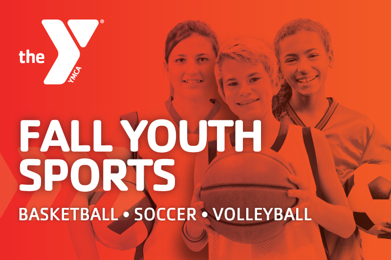 An image of a young boy holding a soccer ball next to a young girl holding a volleyball next to another girl holding a soccer ball with the words Fall Youth Sports Basketball Soccer Volleyball