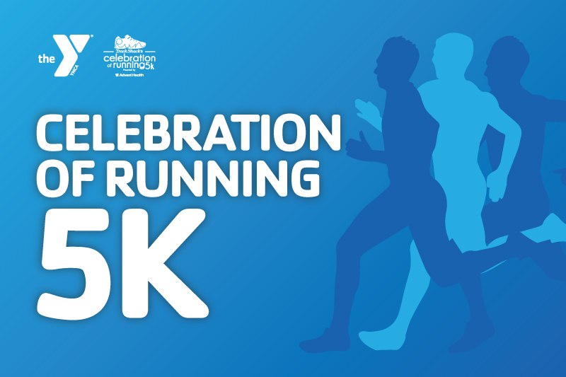 Image with blue gradients with three illustration men running and the words Celebration of Running 5K