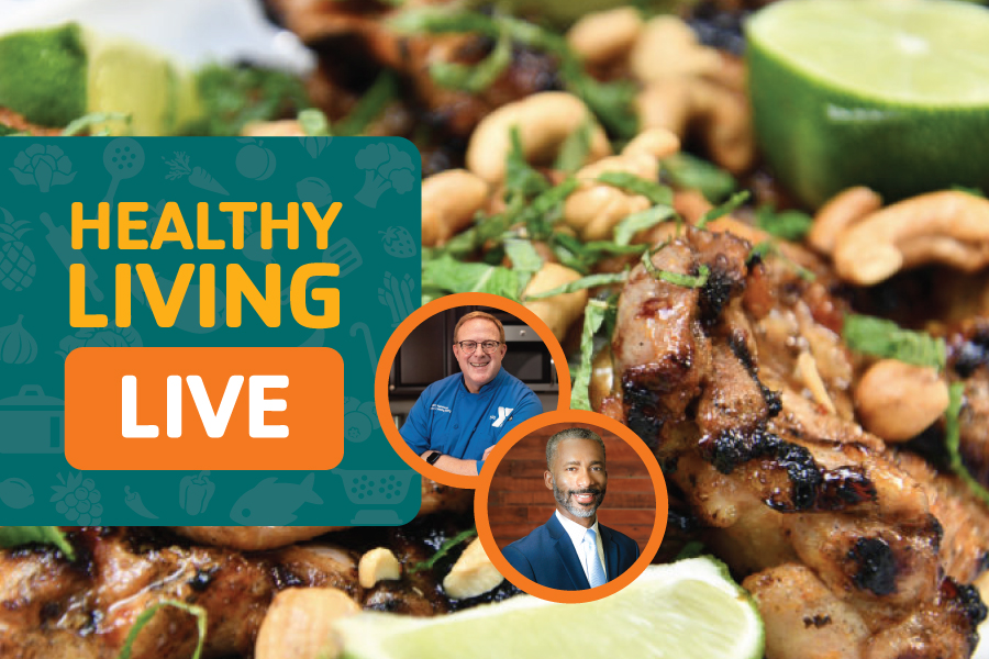 An image of sweet and spicy chicken with cashews and limes with the words Healthy Living Live on top