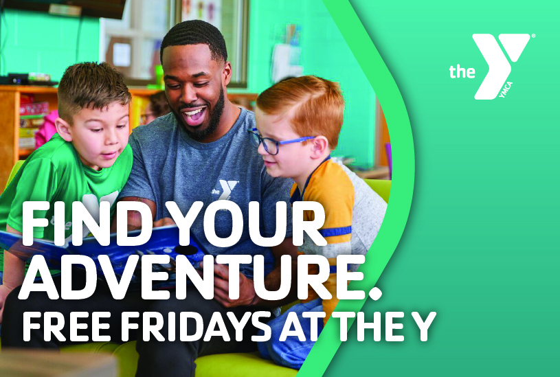 Two kids reading a book with and older man with the YMCA logo and the words Find Your Adventure. Free Fridays at the Y written in white