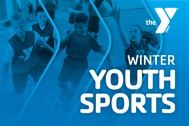 Images of kids playing sports in between blue chevrons with the white words Winter Youth Sports with white Y logo