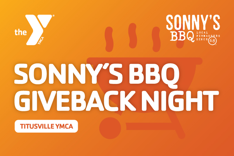 Sonny BBQ Giveback Night image with a grill and the YMCA logo and the Sonnys BBQ Logo