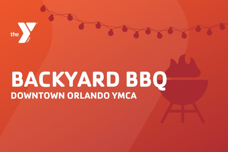 Decorative website event cover that says Backyard BBQ - Downtown Orlando YMCA in white text over a red gradient with an illustrated grill in the background