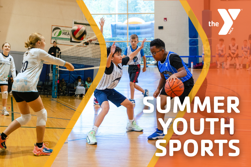 A graphic of a girl playing volleyball and boys playing basketball