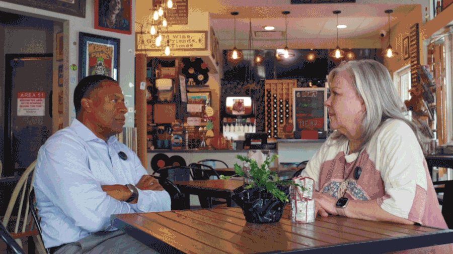 Photo of Kevin Bolding and Pam Thomas inside Pammie's Sammies in Winter Garden, Florida