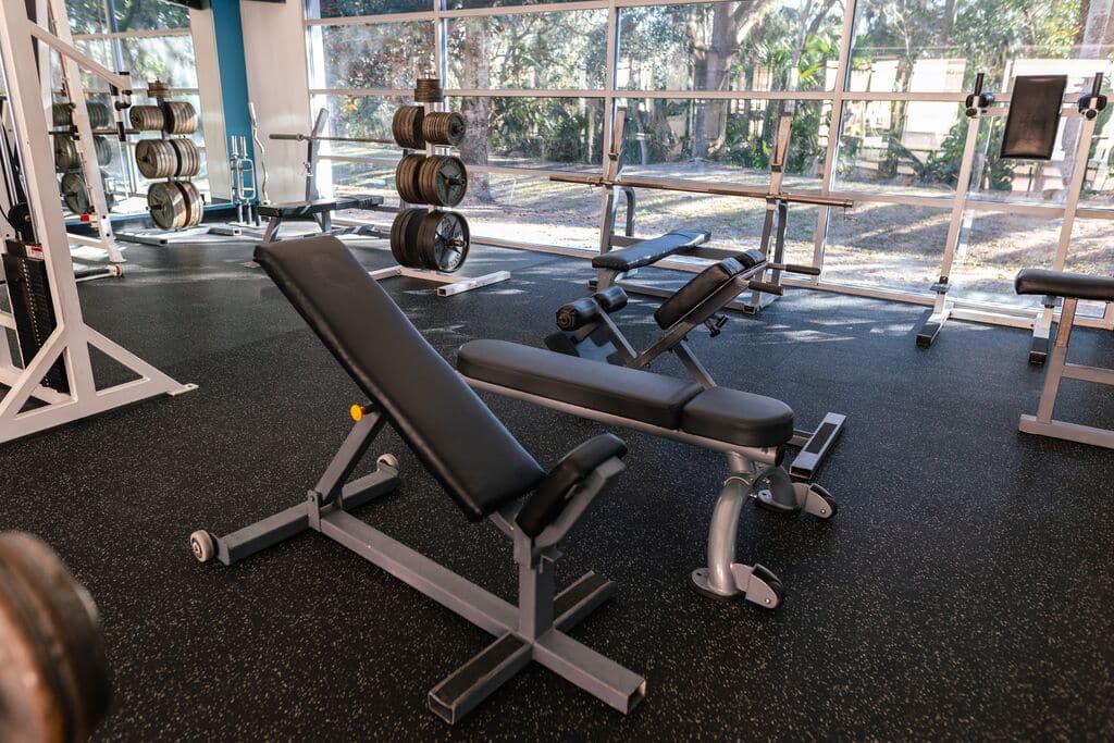 Fitness equipment on the wellness floor at Parrish Health & Fitness Center, operated by the YMCA of Central Florida.