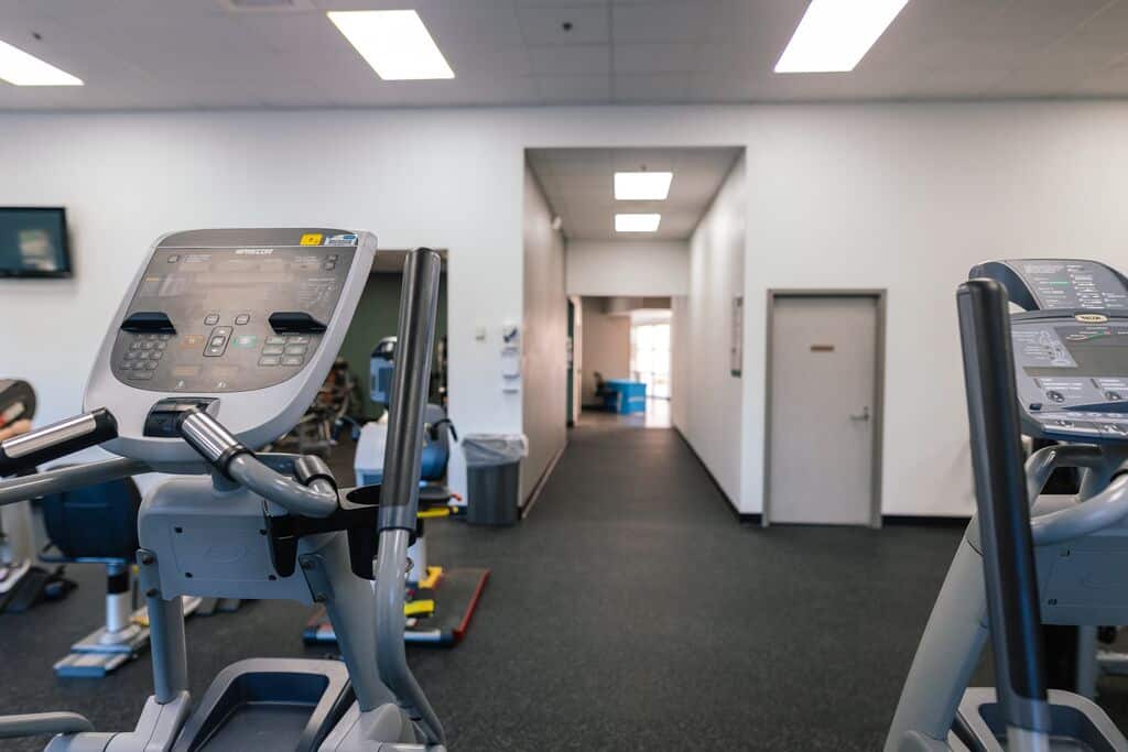 Row of treadmills at Parrish Health & Fitness Center, operated by the YMCA of Central Florida.