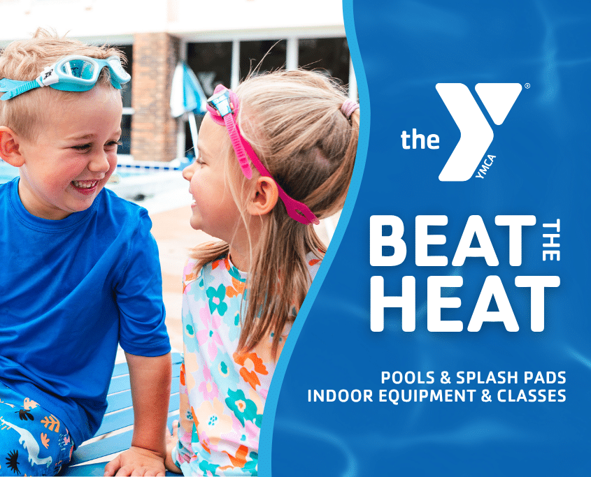 Two children near a YMCA pool enjoying summer activities in a safe, family-friendly environment.