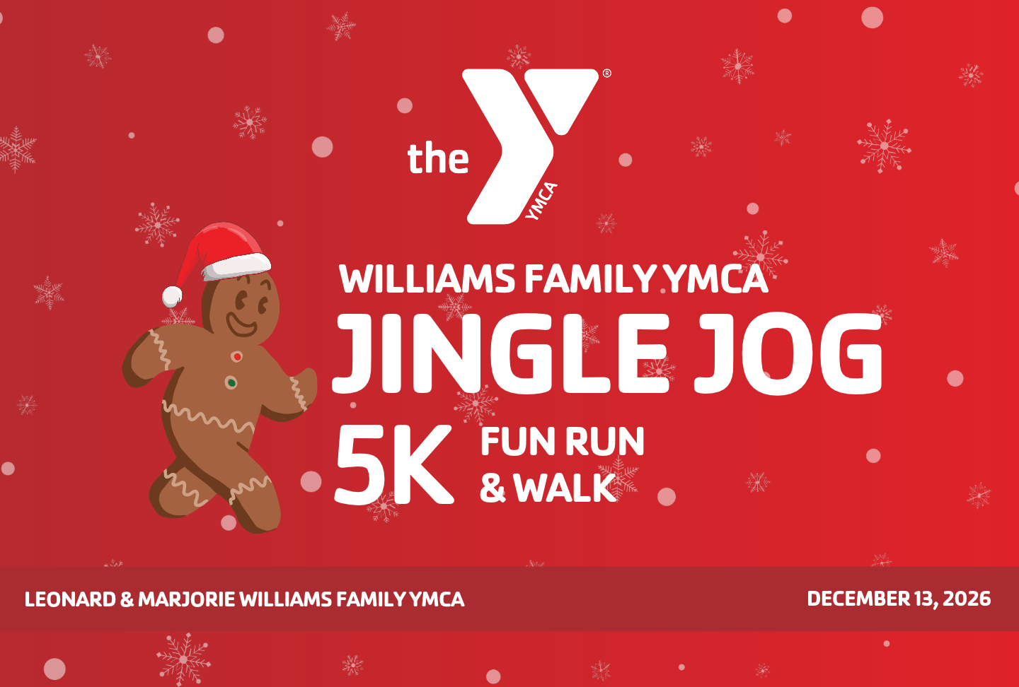 Jingle Jog 2026 event banner for the Leonard & Marjorie Williams YMCA on December 13.